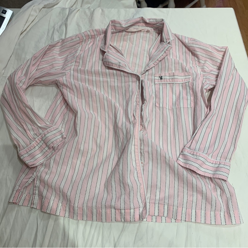 Victoria Secret XS Sleep Shirt pink and White Stripes long sleeve button